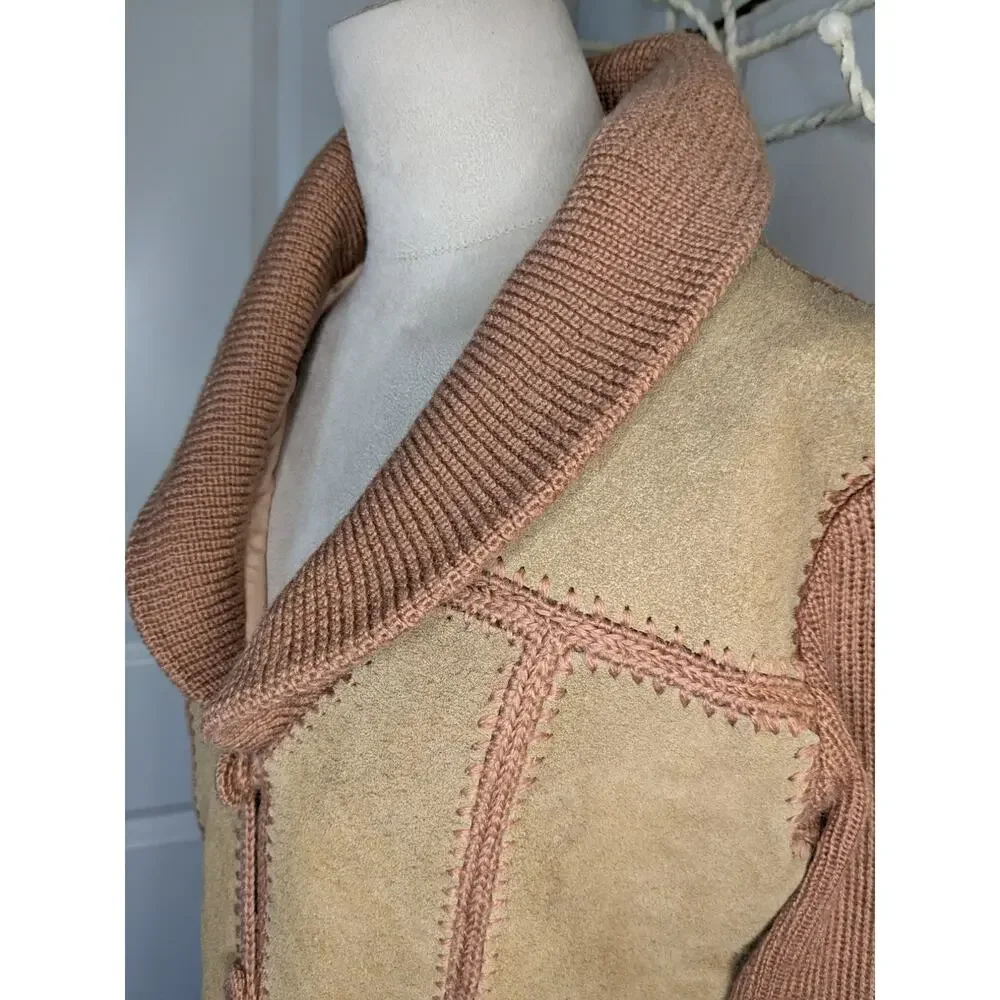 Vintage 70s Exclusive Imports Tan Leather Crochet Jacket Boho Hippy SZ M Korea - Picture 4 of 12